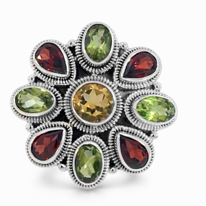 925 RND+OV+TDROP MULTI GEMSTONE FLOWER RING - 25MM <br/>M14242