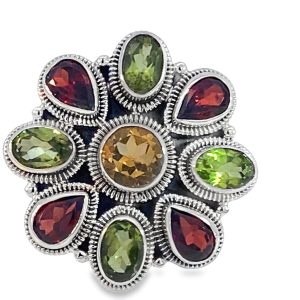 925 RND+OV+TDROP MULTI GEMSTONE FLOWER RING - 25MM <br/>M14242