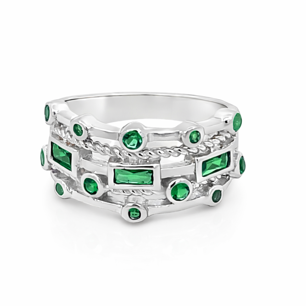 925 EMERALD CZ RND+RECT ROPE STACKABLE RING 11MM <br/>M14265