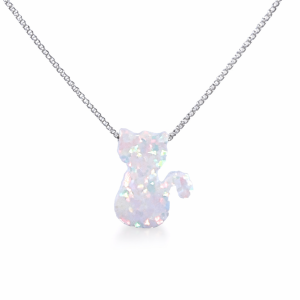 925 SYNTHETIC WHITE OPAL SITTING CAT ON BOX CHAIN  <br/>M15971.40+3