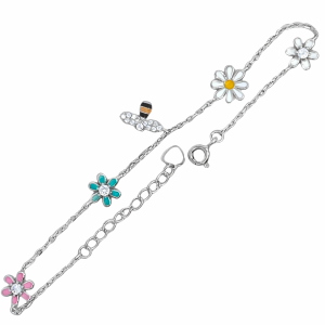 925 COL ENAMEL DAISIES+BEE ANCHOR BRACELET+CHAIN <br/>M16010