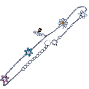 925 COL ENAMEL DAISIES+BEE ANCHOR BRACELET+CHAIN <br/>M16010