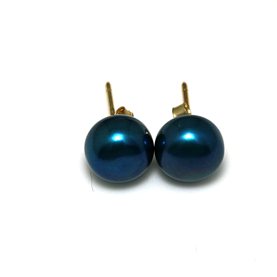 9CT YG ROYAL BLUE FW PEARL STUDS - 9.5-10MM <br/>MPEG001RB