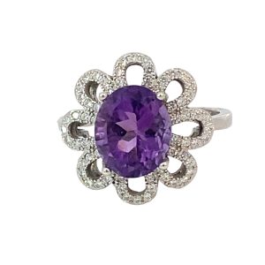 925 OVAL AMETHYST CZ PAVE FLOWER RING - 18MM
