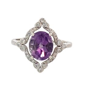 925 OVAL AMETHYST CZ PAVE HALO VINTAGE RING - 19MM