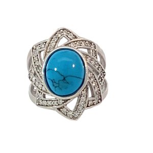 925 OVAL TURQ CZ PAVE OPEN FLOWER RING - 23MM