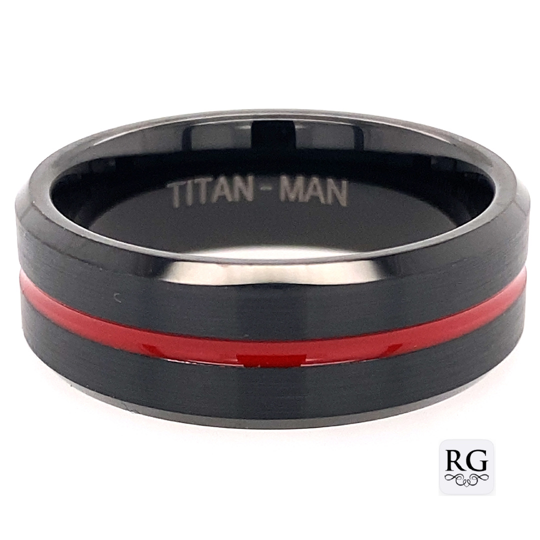 TUNGSTEN RED OIL BRUSHED BEVEL EDGE RING - 8MM <br/>RD13610
