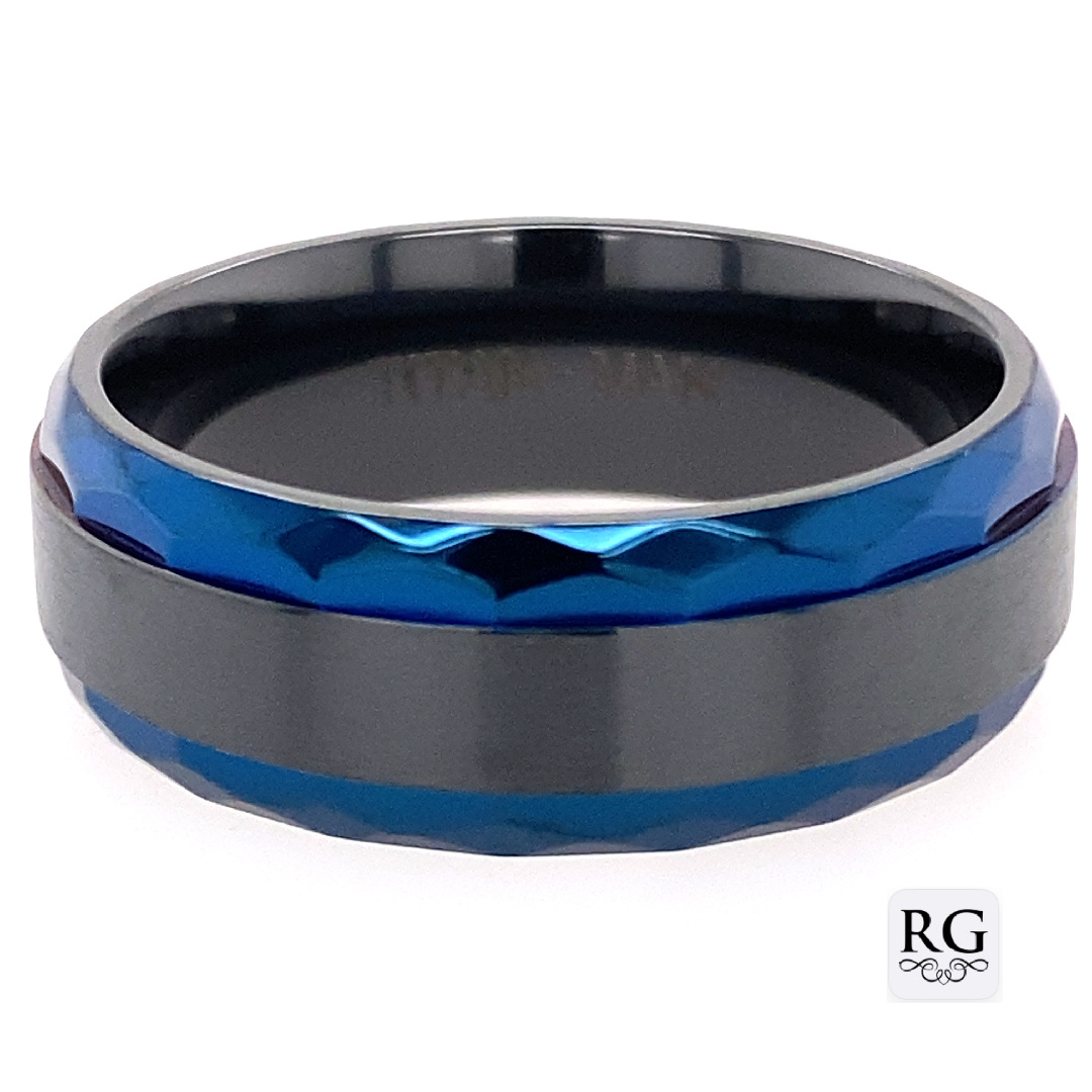 ZIRCONIUM BLACK BRUSH BLUE BEVEL EDGE RING - 8MM <br/>RD13611