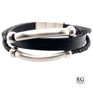 S/STEEL BRAIDED+FLAT TRIP BLACK LEATHER BRACELET <br/>RD15501.22