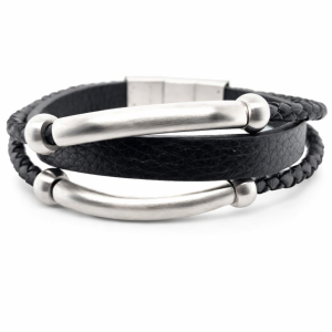 S/STEEL BRAIDED+FLAT TRIP BLACK LEATHER BRACELET <br/>RD15501.22