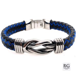 S/STEEL BL BRAIDED LEATHER+BLUE SILK CORD BRACELET <br/>RD15503.21