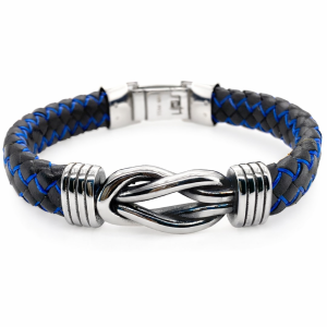 S/STEEL BL BRAIDED LEATHER+BLUE SILK CORD BRACELET <br/>RD15503.21