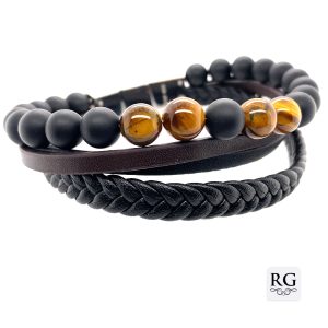 S/STEEL ONYX+TIGERS EYE BL+BR BRAID LEATHER BRACEL <br/>RD15505.22