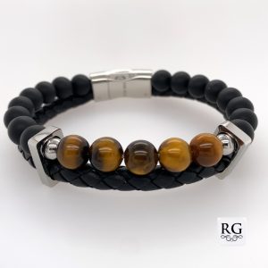 S/STEEL TIGERS EYE BLACK BRAIDED LEATHER BRACELET <br/>RD15506.21