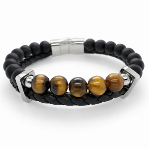 S/STEEL TIGERS EYE BLACK BRAIDED LEATHER BRACELET <br/>RD15506.21