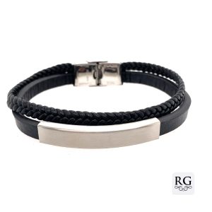 S/STEEL BLACK BRAIDED+FLAT LEATHER BRACELET <br/>RD15507.19