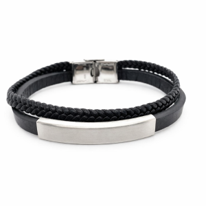 S/STEEL BLACK BRAIDED+FLAT LEATHER BRACELET <br/>RD15507.19
