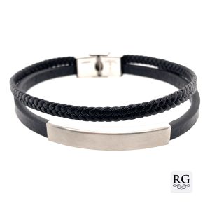 S/STEEL BLACK BRAIDED+FLAT LEATHER BRACELET <br/>RD15507.22