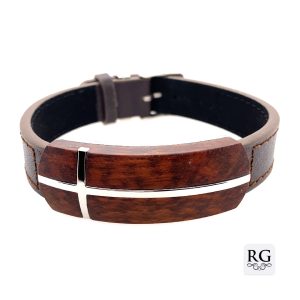 S/STEEL CROSS LEOPARD WOOD BROWN LEATHER BRACELET <br/>RD15509.24