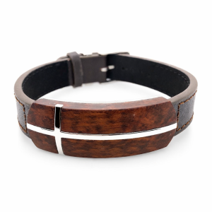 S/STEEL CROSS LEOPARD WOOD BROWN LEATHER BRACELET <br/>RD15509.24