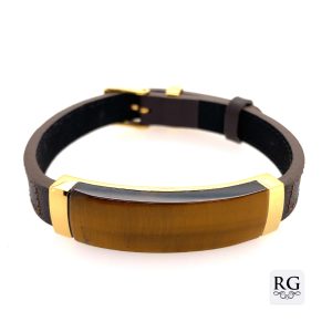 S/STEEL YG PL TIGERS EYE BROWN LEATHER BRACELET <br/>RD15511.24