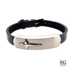S/STEEL CROSS BRUSH+POLISH BLACK LEATHER BRACELET <br/>RD15512.24