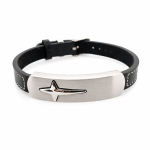 S/STEEL CROSS BRUSH+POLISH BLACK LEATHER BRACELET <br/>RD15512.24