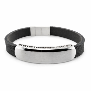S/STEEL BRUSHED PLATE ANTIQUE BLACK LEATHER BRACEL <br/>RD15513.19